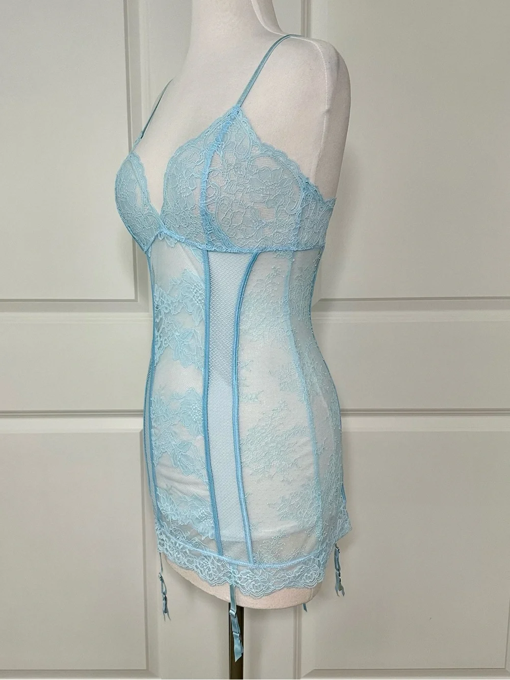Victoria's Secret Very Sexy Lace Garter Slip And Thong Panty Set Blue Medium